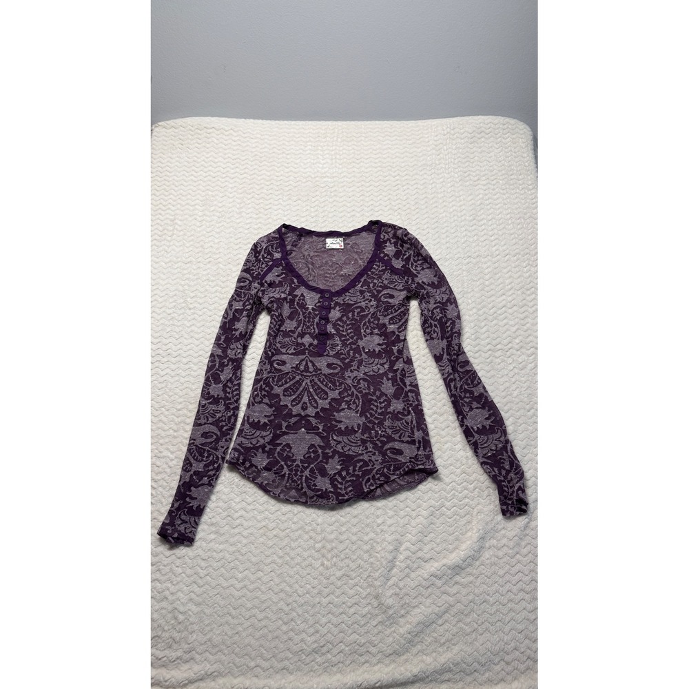 Intimately Free People Purple Damask Burnout Henley Long Sleeve Top XS 4677